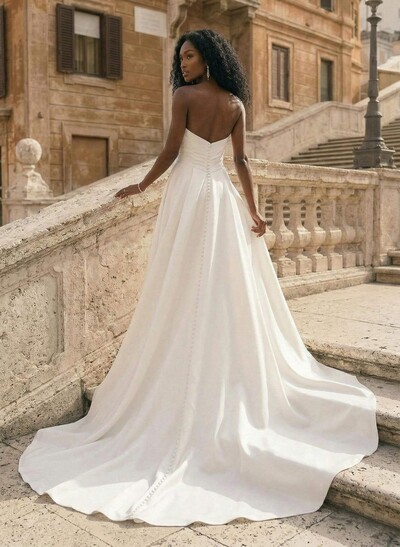 A-Line Sweetheart Sleeveless Court Train Satin Plus Size Wedding Dresses With High Split