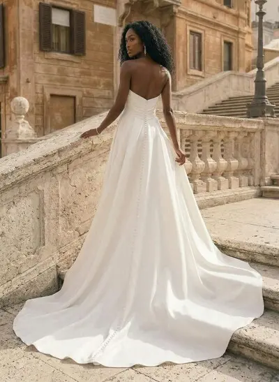 A-Line Sweetheart Sleeveless Court Train Satin Plus Size Wedding Dresses With High Split