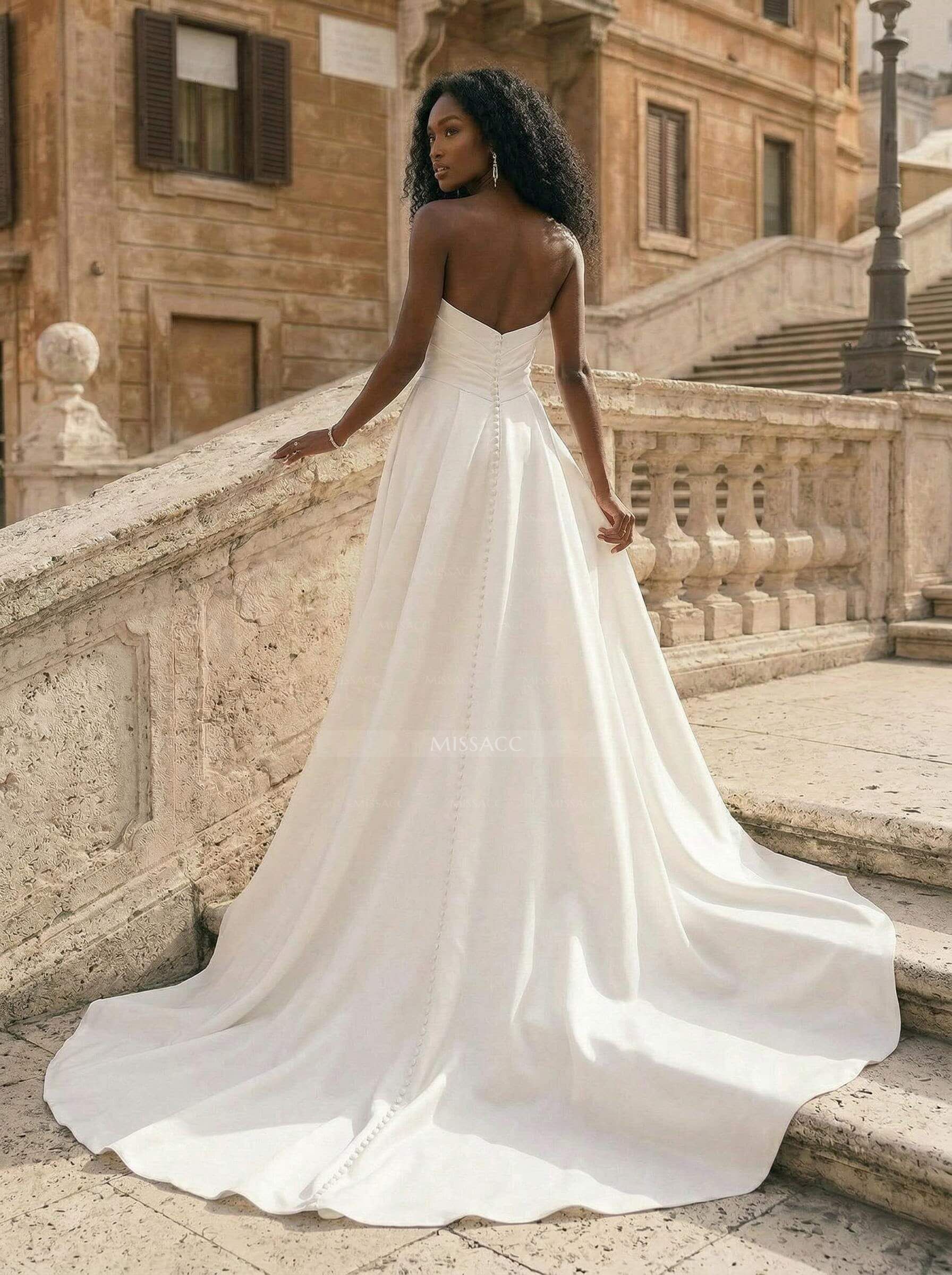 A-Line Sweetheart Sleeveless Court Train Satin Plus Size Wedding Dresses With High Split