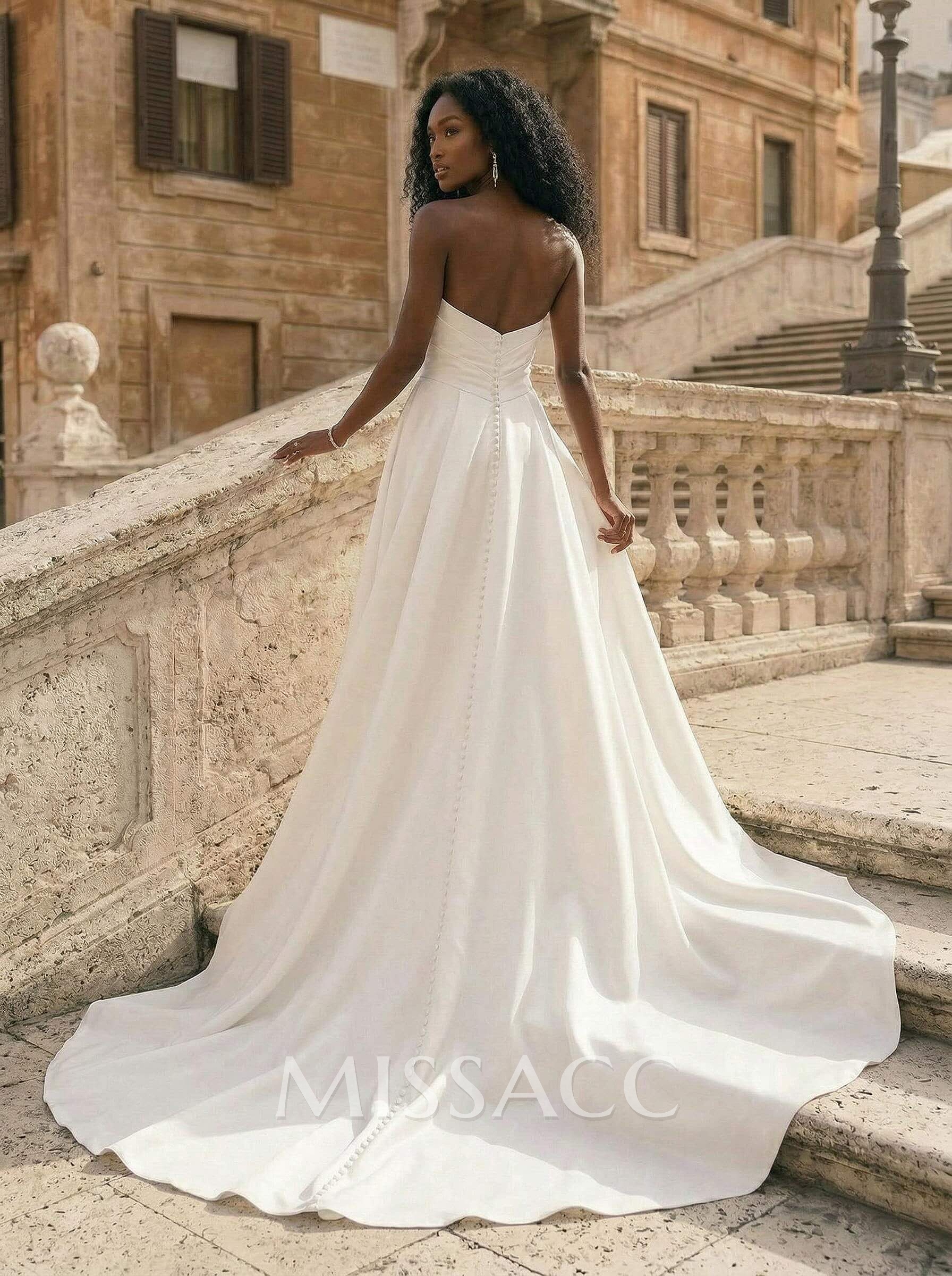 A-Line Sweetheart Sleeveless Court Train Satin Plus Size Wedding Dresses With High Split A-Line Sweetheart Sleeveless Court Train Satin Plus Size Wedding Dresses With High Split