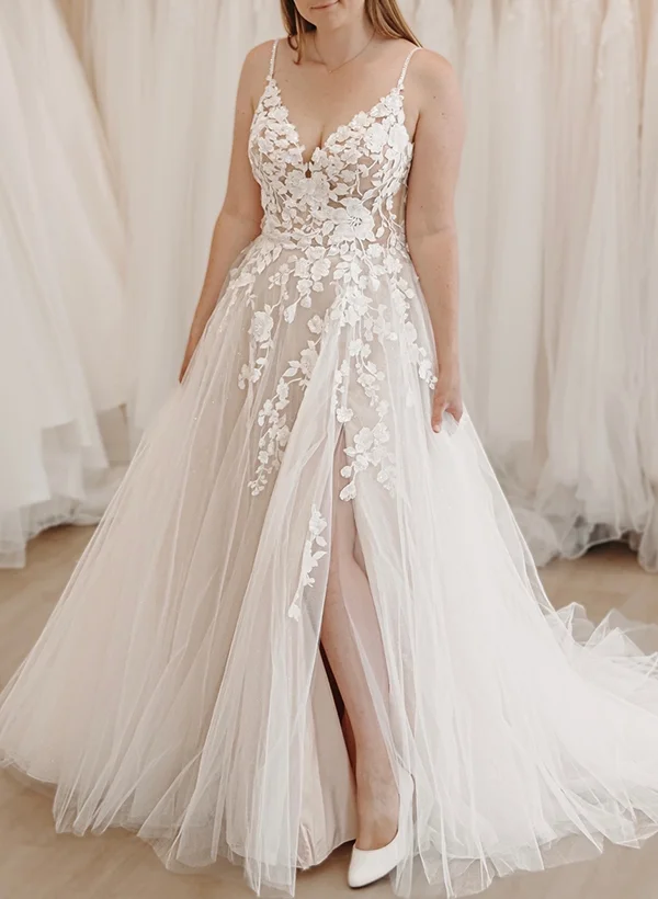A-Line V-Neck Sleeveless Tulle Plus Size Wedding Dresses With Appliques Lace /High Split - Missacc A-Line V-Neck Sleeveless Tulle Plus Size Wedding Dresses With Appliques Lace /High Split - Missacc