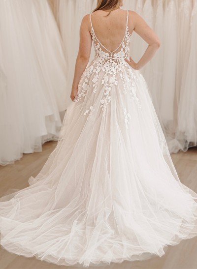 A-Line V-Neck Sleeveless Tulle Wedding Dresses With Appliques Lace/High Split