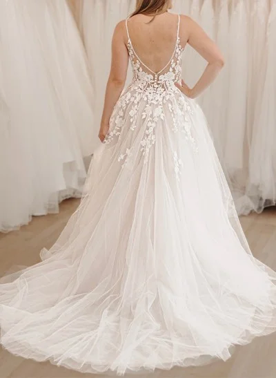A-Line V-Neck Sleeveless Tulle Plus Size Wedding Dresses With Appliques Lace/High Split