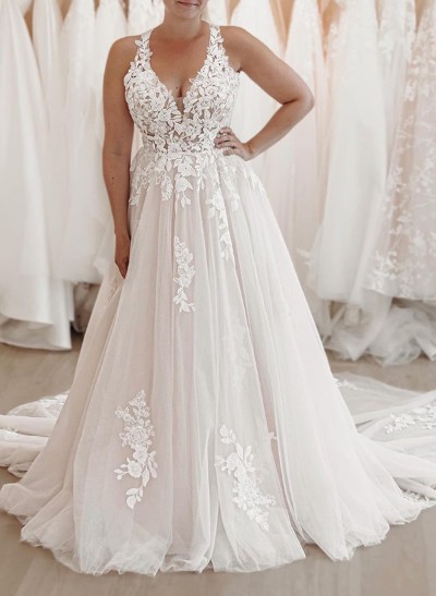 A-Line V-Neck Sleeveless Tulle Plus Size Wedding Dresses With Appliques Lace/Back Hole