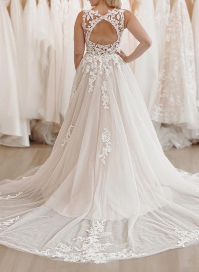 A-Line V-Neck Sleeveless Tulle Wedding Dresses With Appliques Lace/Back Hole
