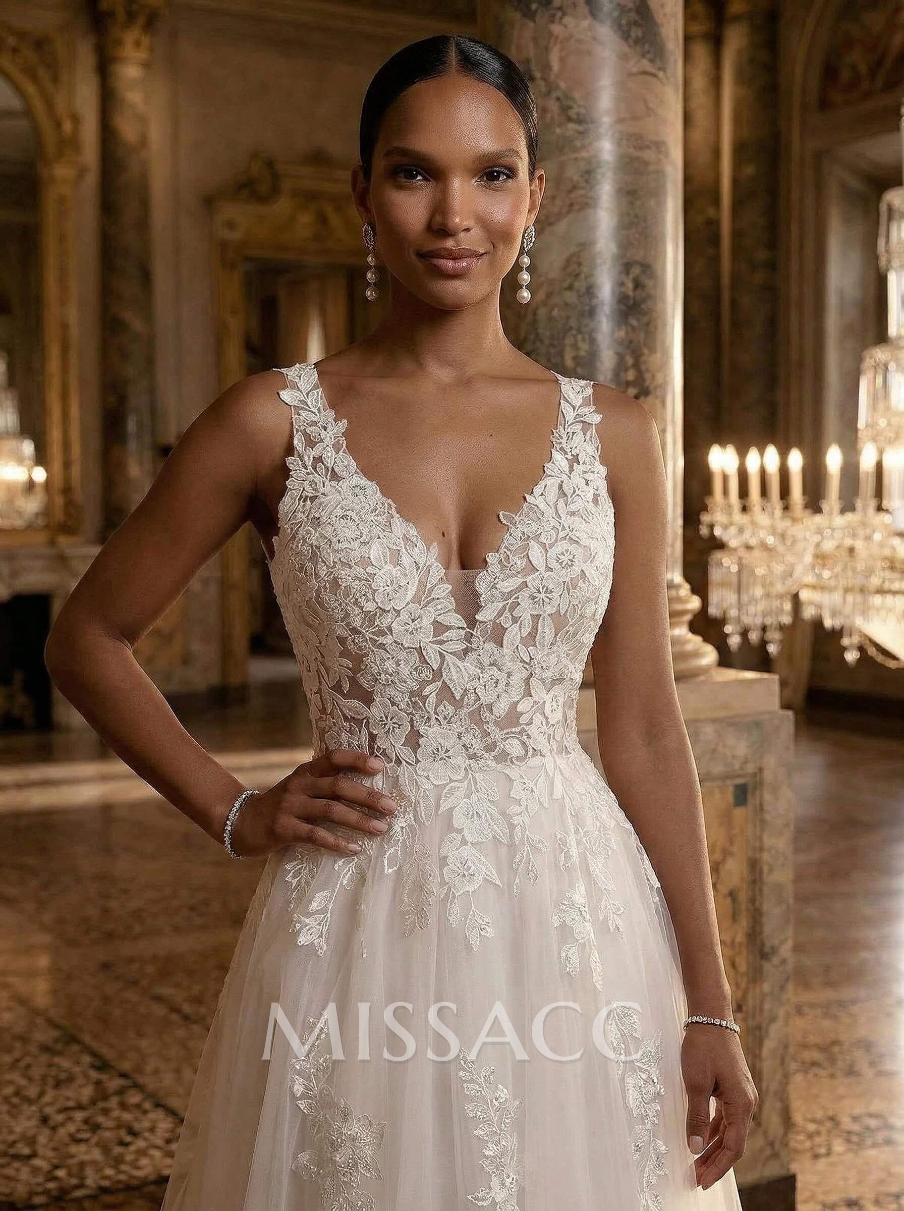 A-Line V-Neck Sleeveless Tulle Plus Size Wedding Dresses With Appliques Lace/Back Hole A-Line V-Neck Sleeveless Tulle Plus Size Wedding Dresses With Appliques Lace/Back Hole