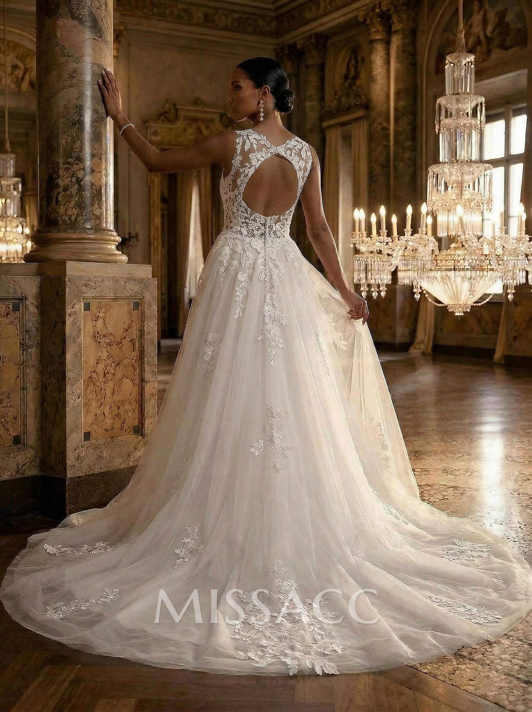 A-Line V-Neck Sleeveless Tulle Plus Size Wedding Dresses With Appliques Lace/Back Hole A-Line V-Neck Sleeveless Tulle Plus Size Wedding Dresses With Appliques Lace/Back Hole