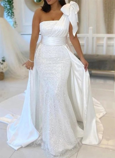 Trumpet/Mermaid Silk Like Satin/Sequined Wedding Dresses With Bow(s)