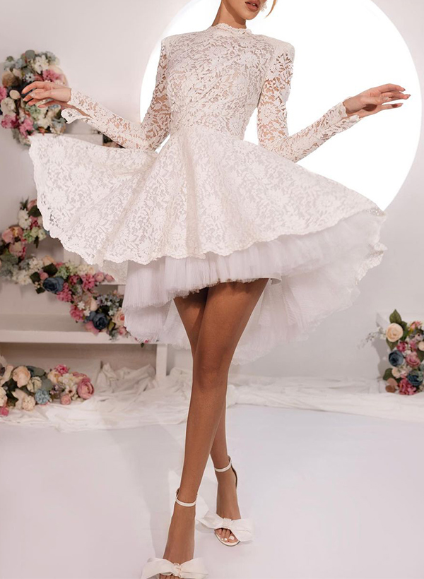 A-Line High Neck Long Sleeves Asymmetrical Lace/Tulle Wedding Dresses
