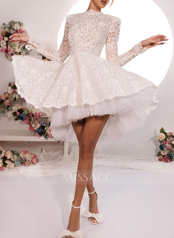 A-Line High Neck Long Sleeves Asymmetrical Lace/Tulle Wedding Dresses