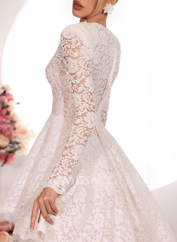 A-Line High Neck Long Sleeves Asymmetrical Lace/Tulle Wedding Dresses