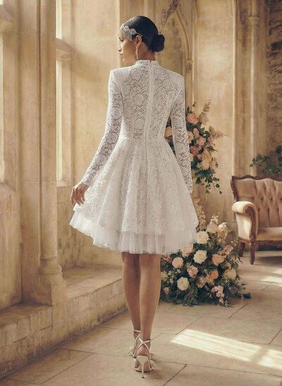 A-Line High Neck Long Sleeves Asymmetrical Lace/Tulle Wedding Dresses