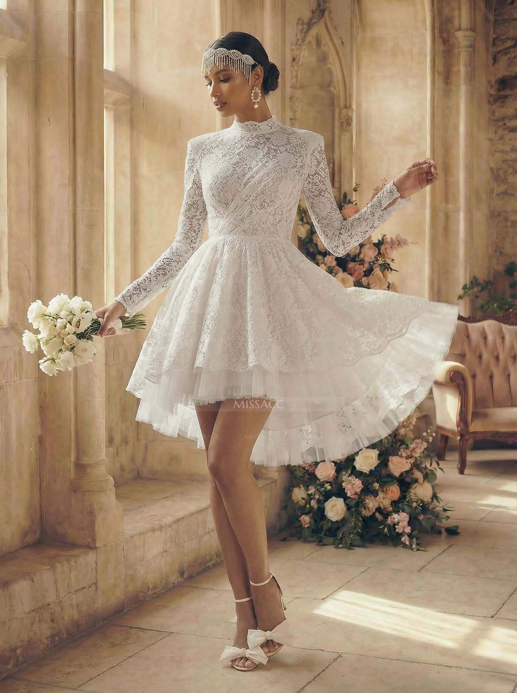 A-Line High Neck Long Sleeves Asymmetrical Lace/Tulle Wedding Dresses