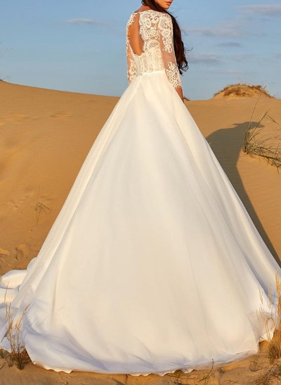 A-Line V-Neck 3/4 Sleeves Chiffon Wedding Dresses With Appliques Lace/Back Hole