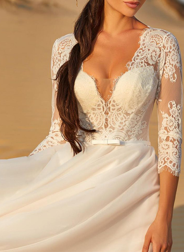 A-Line V-Neck 3/4 Sleeves Chiffon Wedding Dresses With Appliques Lace/Back Hole