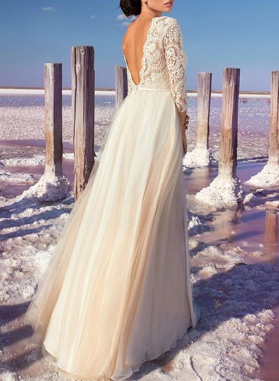 A-Line V-Neck 3/4 Sleeves Tulle Wedding Dresses With Appliques Lace