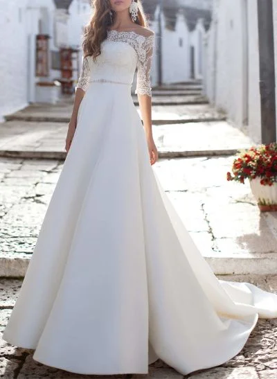 A-Line Off-The-Shoulder 1/2 Sleeves Satin Wedding Dresses With Lace