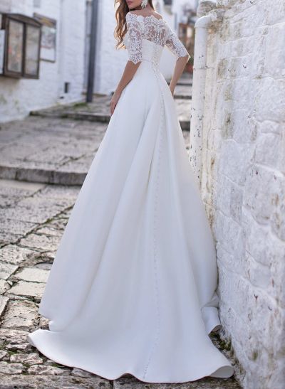 A-Line Off-The-Shoulder 1/2 Sleeves Satin Wedding Dresses With Lace