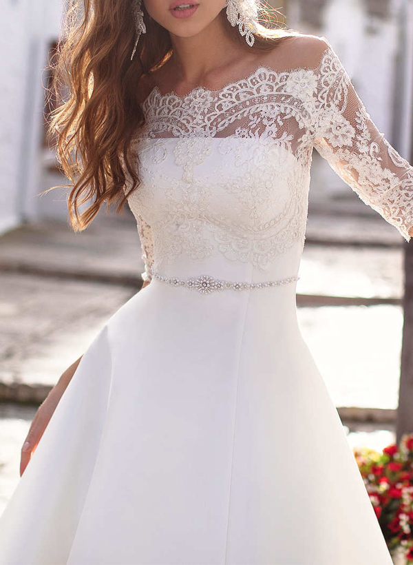 A-Line Off-The-Shoulder 1/2 Sleeves Satin Wedding Dresses With Lace