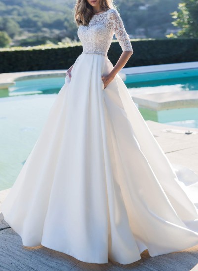 A-Line Scoop Neck 1/2 Sleeves Satin Wedding Dresses With Pockets/Lace