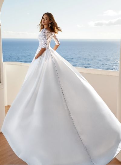 A-Line Scoop Neck 1/2 Sleeves Satin Wedding Dresses With Pockets/Lace