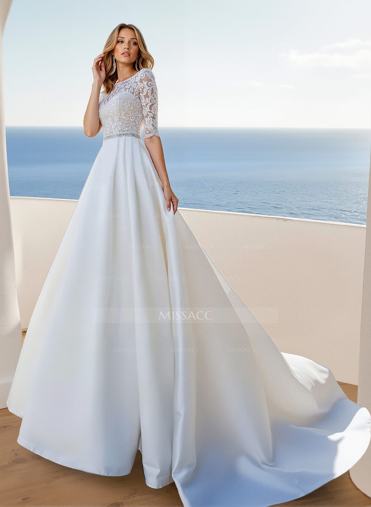 A-Line Scoop Neck 1/2 Sleeves Satin Wedding Dresses With Pockets/Lace