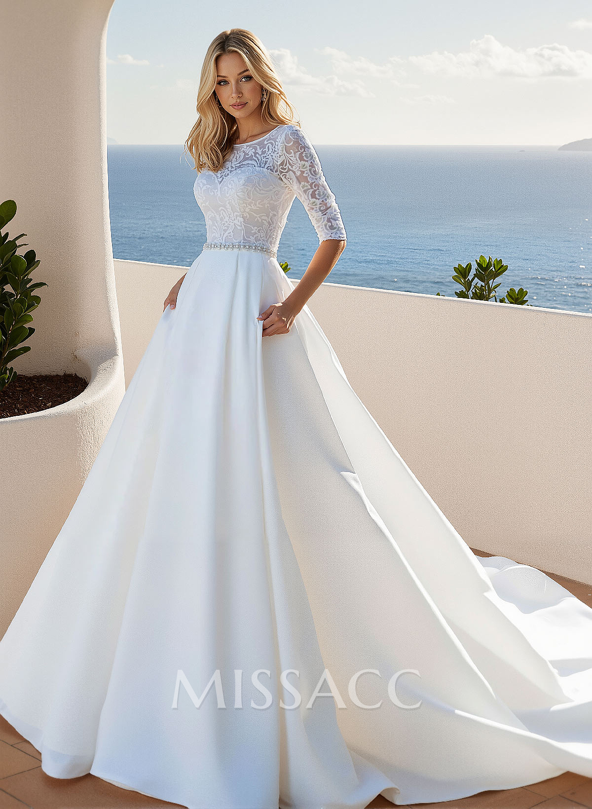 A-Line Scoop Neck 1/2 Sleeves Twill Satin Wedding Dresses With Pockets/Lace