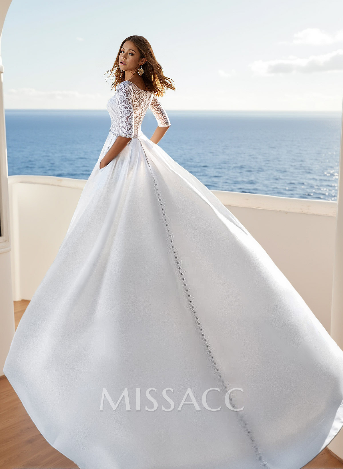 A-Line Scoop Neck 1/2 Sleeves Twill Satin Wedding Dresses With Pockets/Lace