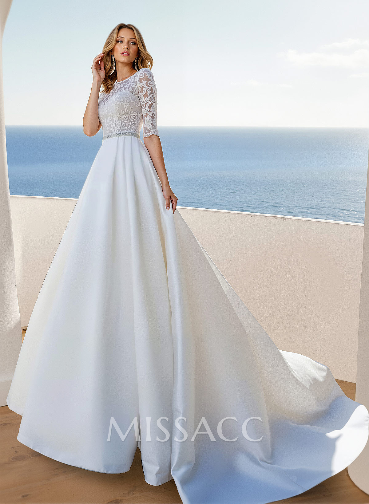 A-Line Scoop Neck 1/2 Sleeves Twill Satin Wedding Dresses With Pockets/Lace