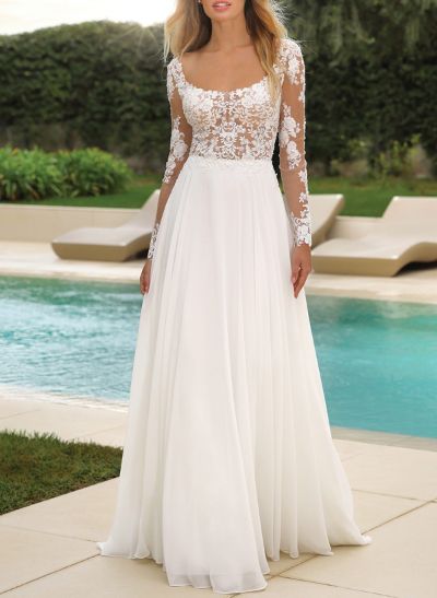 A-Line Scoop Neck Long Sleeves Chiffon Wedding Dresses With Lace