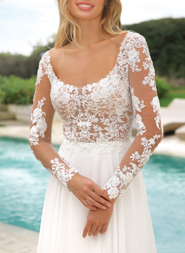 A-Line Scoop Neck Long Sleeves Chiffon Wedding Dresses With Lace