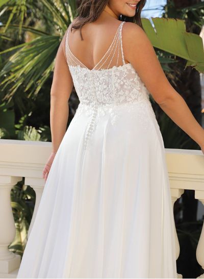 A-Line V-Neck Sleeveless Sweep Train Chiffon Plus Size Wedding Dresses With Lace