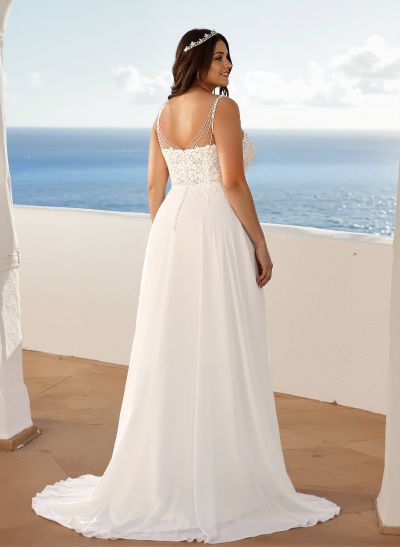 A-Line V-Neck Sleeveless Sweep Train Chiffon Plus Size Wedding Dresses With Lace