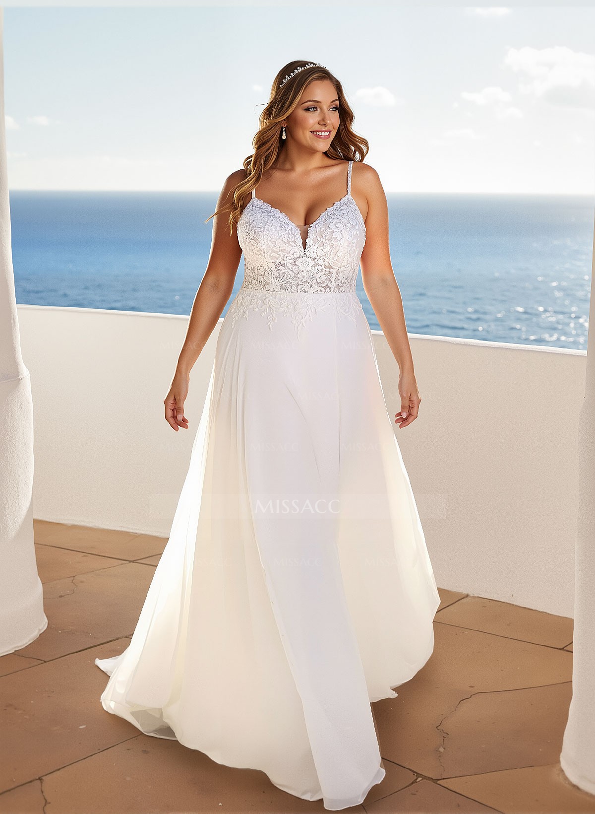 A-Line V-Neck Sleeveless Sweep Train Chiffon Plus Size Wedding Dresses With Lace