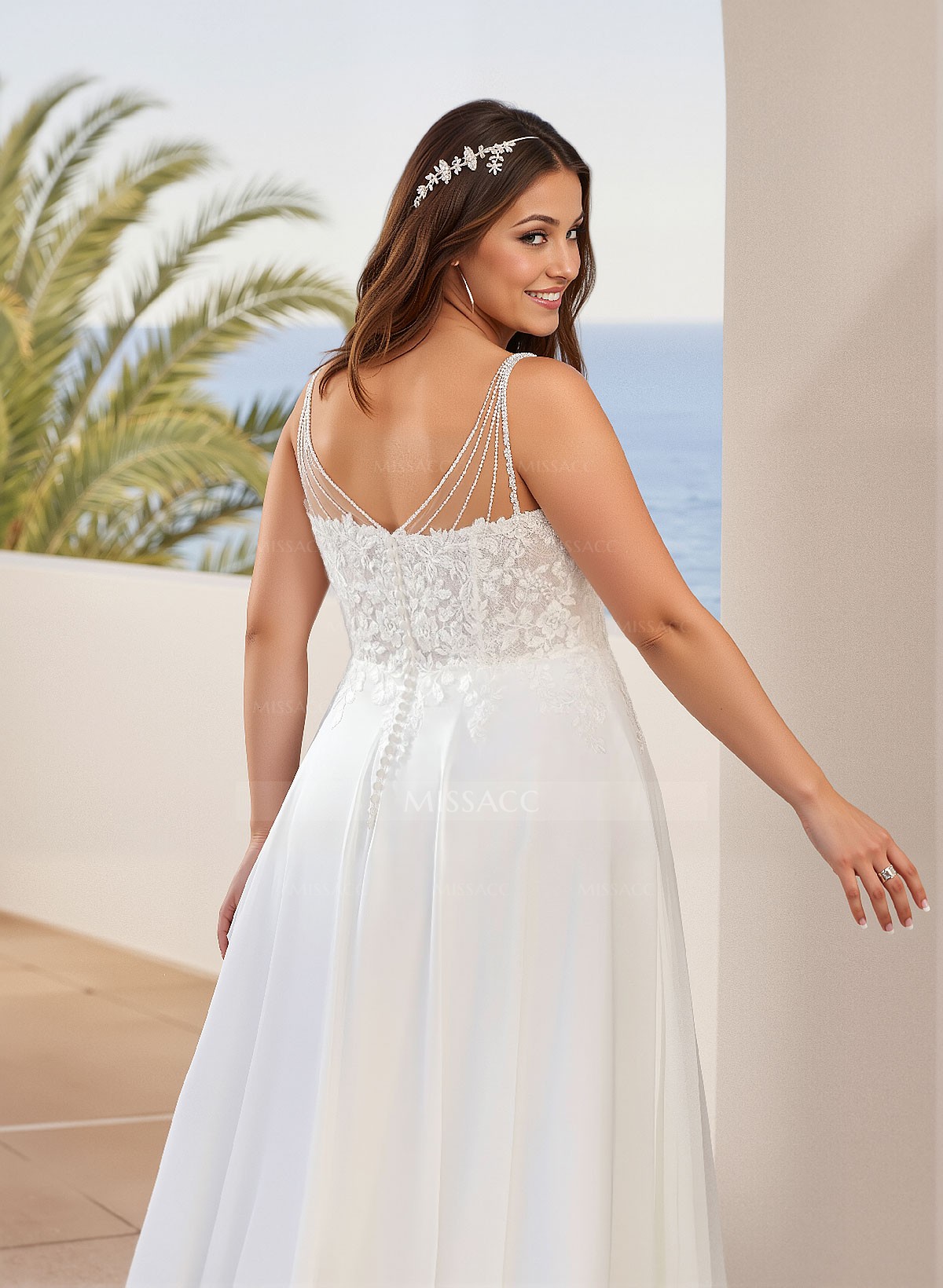 A-Line V-Neck Sleeveless Sweep Train Chiffon Plus Size Wedding Dresses With Lace