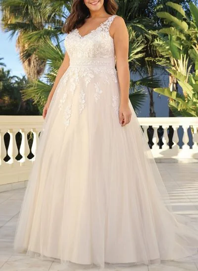 A-Line V-Neck Sleeveless Court Train Lace/Tulle Plus Size Wedding Dresses