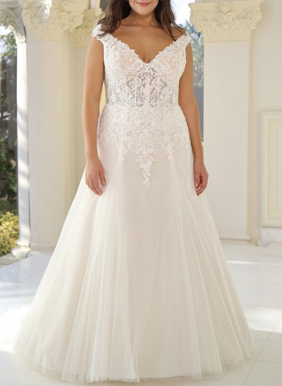A-Line Off-The-Shoulder Sleeveless Court Train Lace/Tulle Plus Size Wedding Dresses