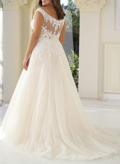 A-Line Off-The-Shoulder Sleeveless Court Train Lace/Tulle Wedding Dresses