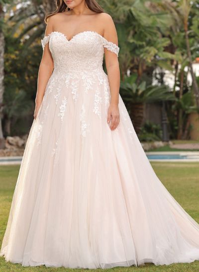 A-Line Off-The-Shoulder Sleeveless Sweep Train Lace/Tulle Plus Size Wedding Dresses