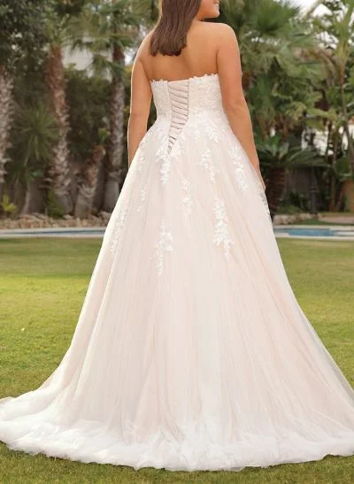 A-Line Off-The-Shoulder Sleeveless Sweep Train Lace/Tulle Plus Size Wedding Dresses