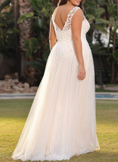 A-Line V-Neck Sleeveless Sweep Train Lace/Tulle Plus Size Wedding Dresses