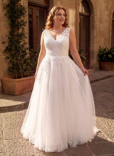 A-Line V-Neck Sleeveless Sweep Train Lace/Tulle Plus Size Wedding Dresses