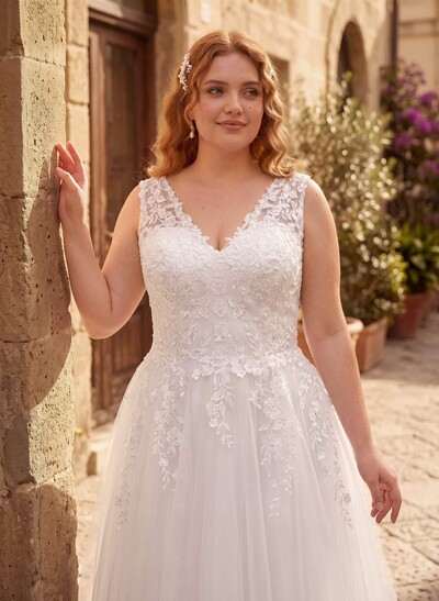 A-Line V-Neck Sleeveless Sweep Train Lace/Tulle Plus Size Wedding Dresses
