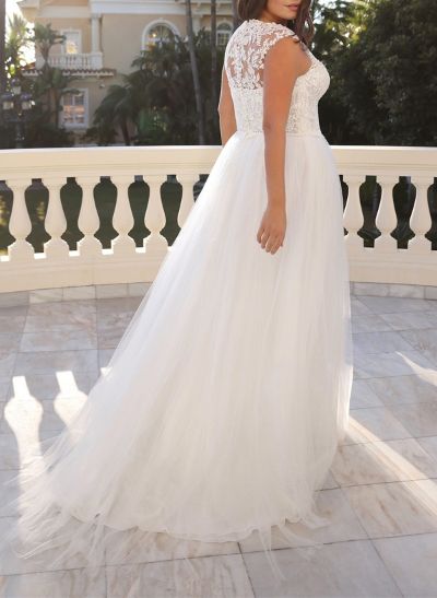 A-Line V-Neck Sleeveless Court Train Lace/Tulle Plus Size Wedding Dresses With High Split