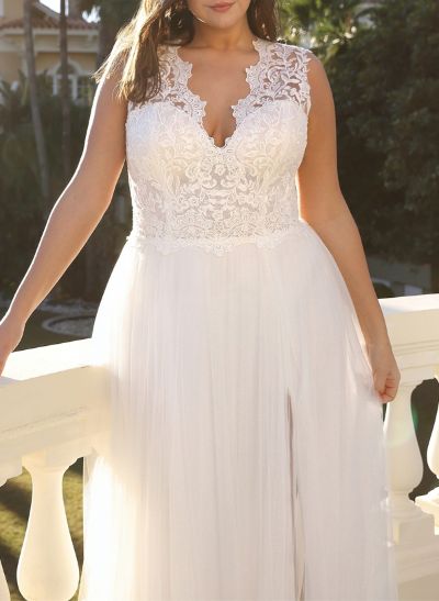 A-Line V-Neck Sleeveless Court Train Lace/Tulle Plus Size Wedding Dresses With High Split