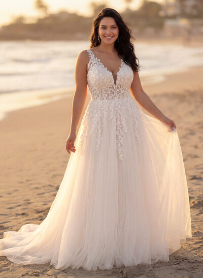 A-Line V-Neck Sleeveless Sweep Train Lace/Tulle Plus Size Wedding Dresses