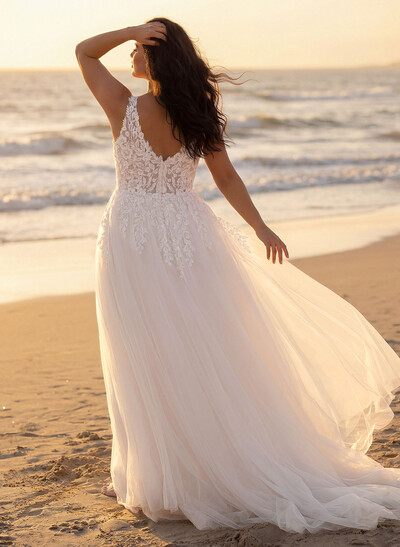 A-Line V-Neck Sleeveless Sweep Train Lace/Tulle Plus Size Wedding Dresses