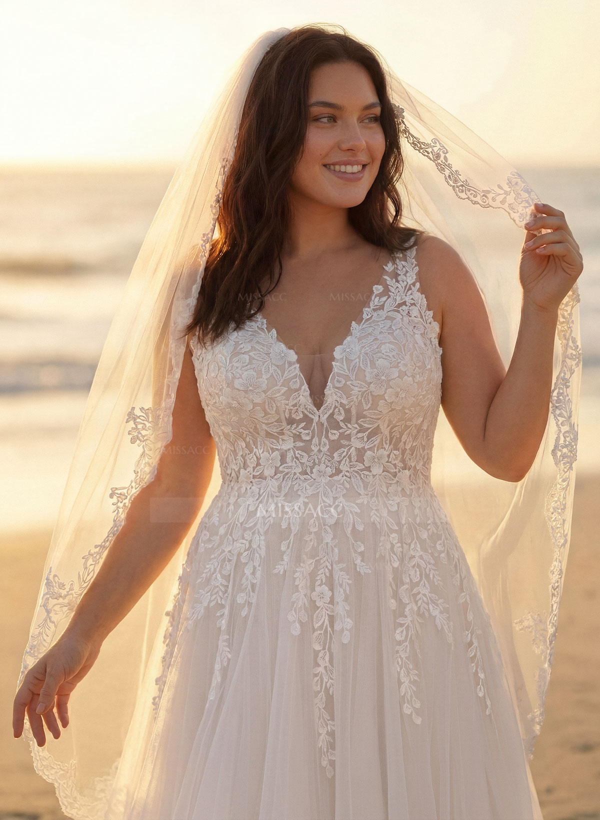 A-Line V-Neck Sleeveless Sweep Train Lace/Tulle Plus Size Wedding Dresses