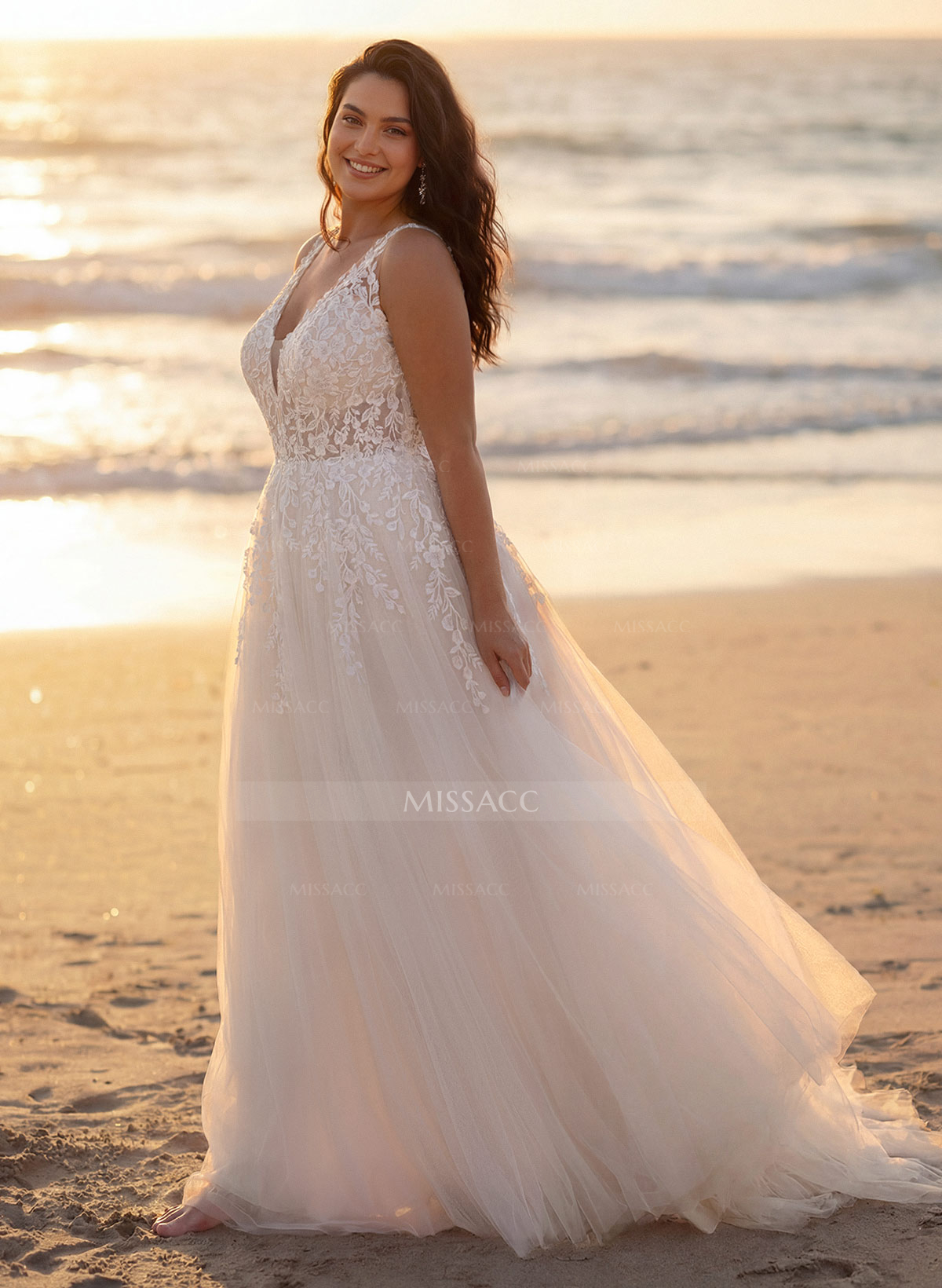 A-Line V-Neck Sleeveless Sweep Train Lace/Tulle Plus Size Wedding Dresses