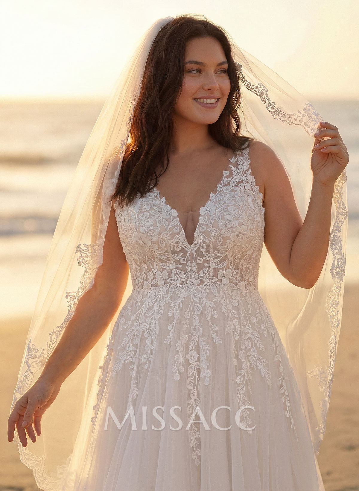A-Line V-Neck Sleeveless Sweep Train Lace/Tulle Plus Size Wedding Dresses